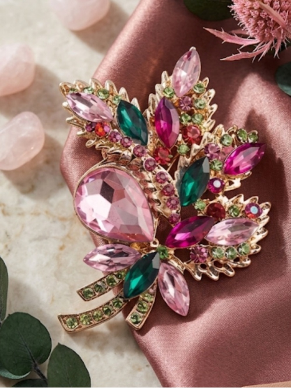 Vintage Style Pink Green Crystal Floral Brooch Statement Flower Jeweled Pin New